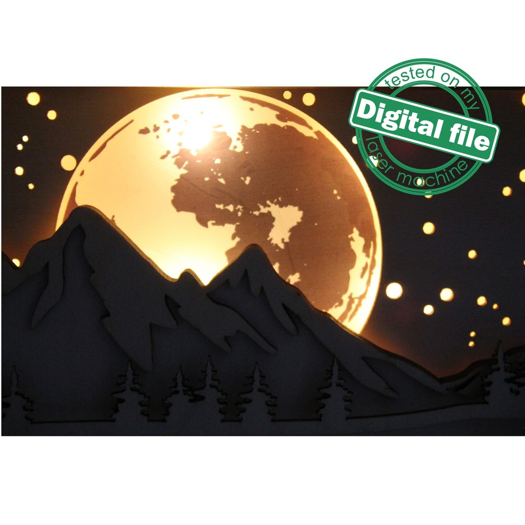 DXF, SVG files for laser Shadow Box Three Howling Wolves, Lake, Mountains, Forest, Glowing Moon, Glowforge, Material 1/8'' (3.2 mm)