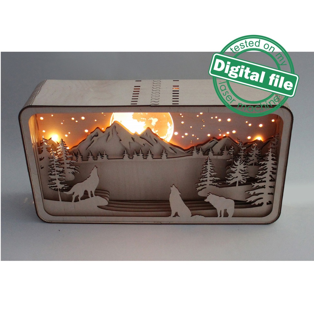 DXF, SVG files for laser Shadow Box Three Howling Wolves, Lake ...