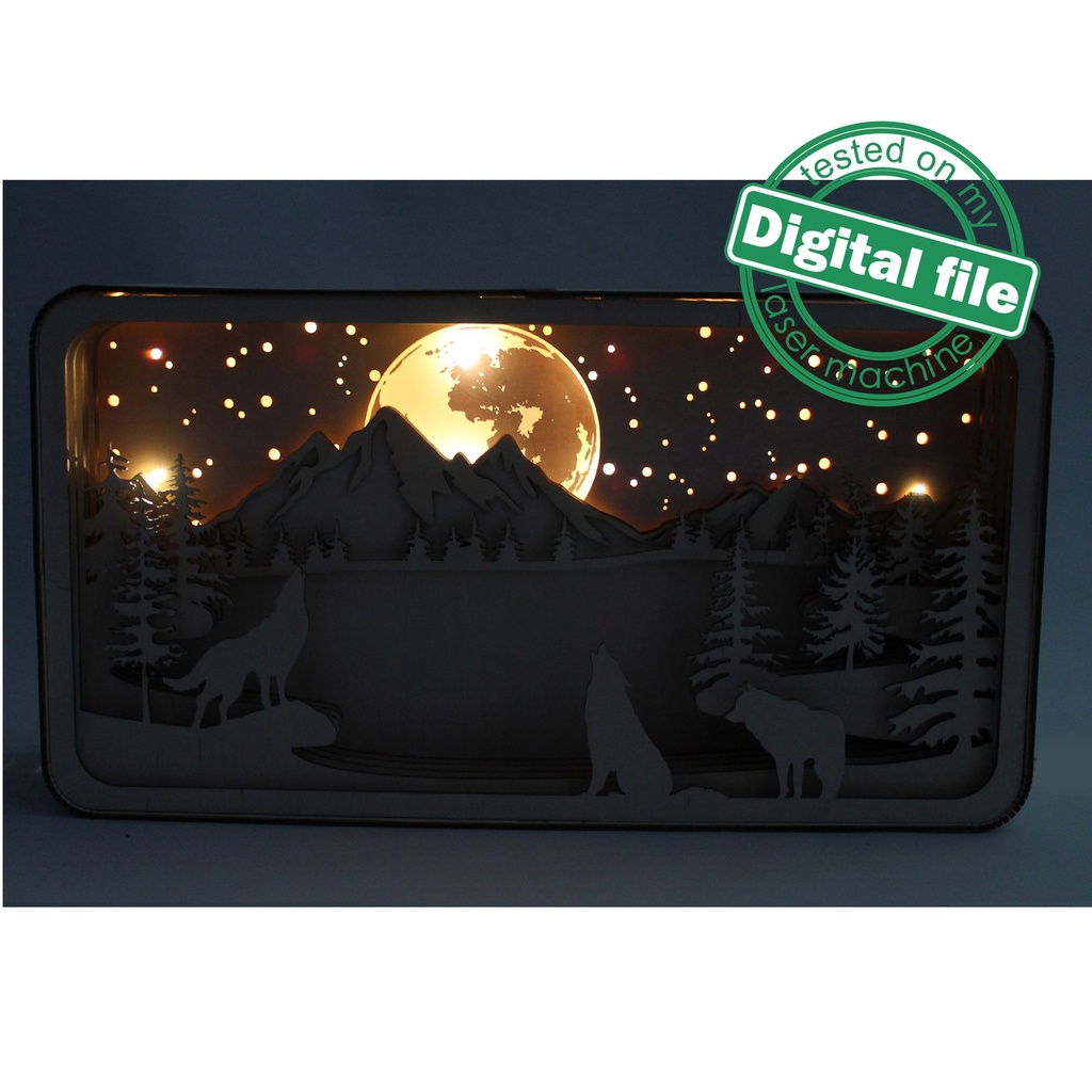 DXF, SVG files for laser Shadow Box Three Howling Wolves, Lake ...