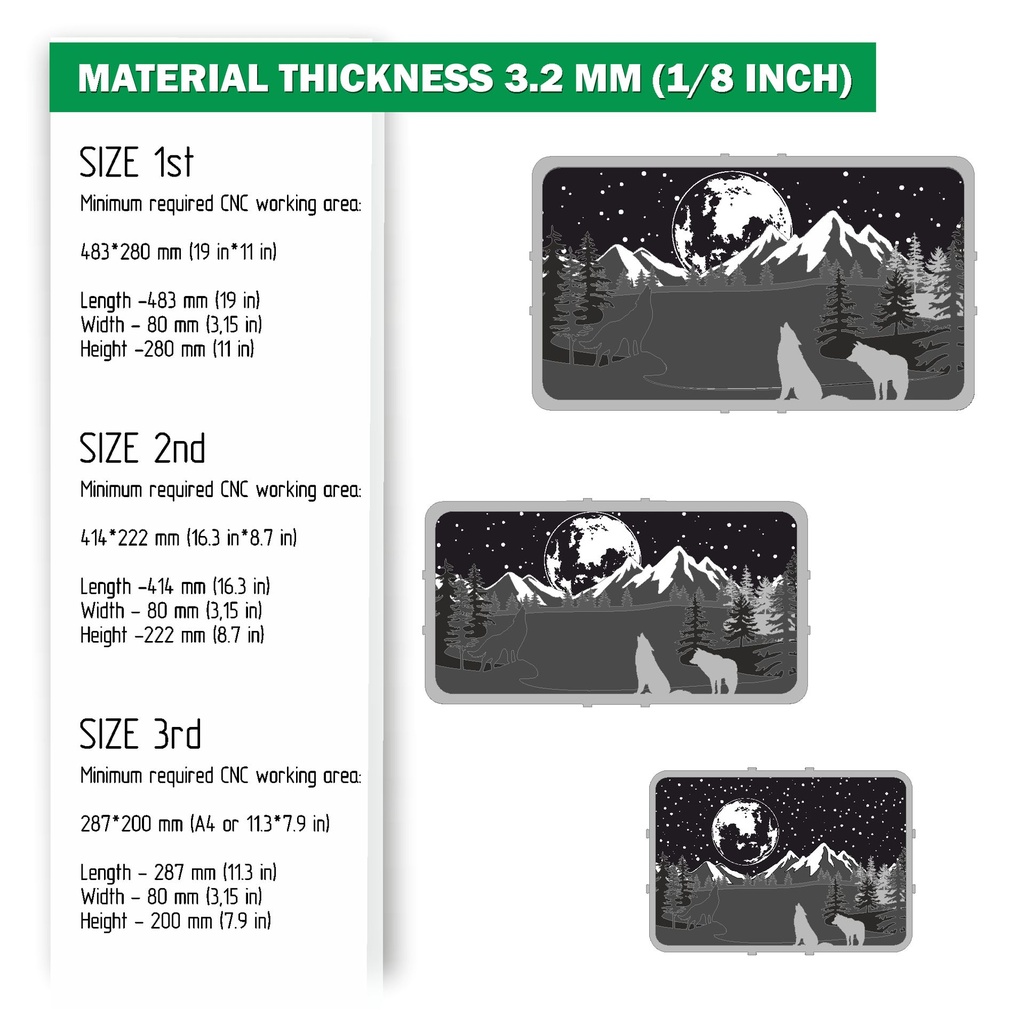 DXF, SVG files for laser Shadow Box Three Howling Wolves, Lake, Mountains, Forest, Glowing Moon, Glowforge, Material 1/8'' (3.2 mm)