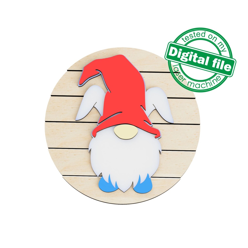 DXF, SVG files for laser Interchangeable Round Wood Sign Easter gnome with bunny ears, Cutout, Shape, Paint by Line, door hanger template