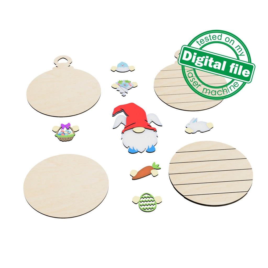 DXF, SVG files for laser Interchangeable Round Wood Sign Easter gnome with bunny ears, Cutout, Shape, Paint by Line, door hanger template