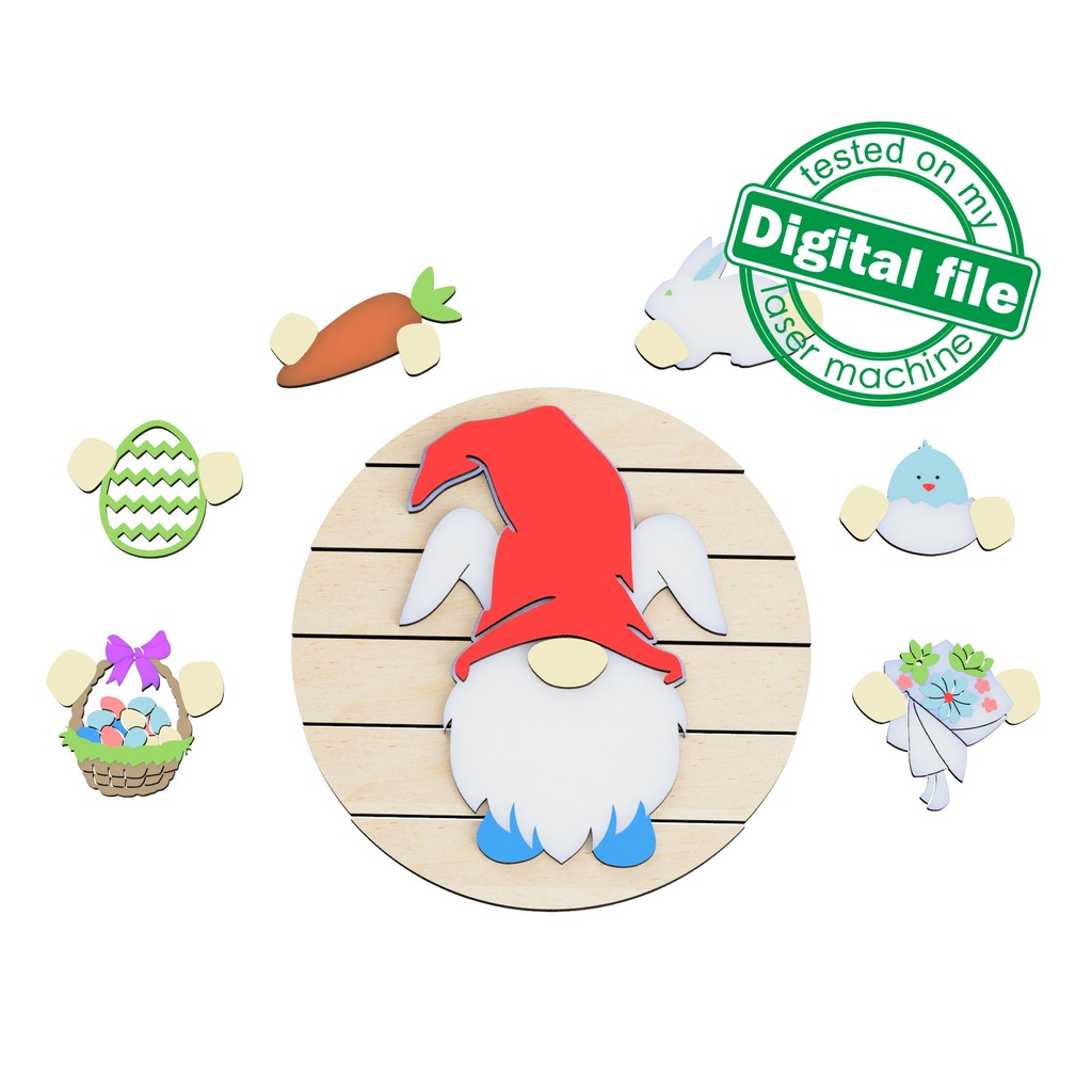 DXF, SVG files for laser Interchangeable Round Wood Sign Easter gnome with bunny ears, Cutout, Shape, Paint by Line, door hanger template