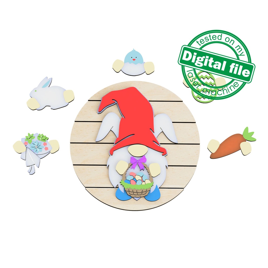 DXF, SVG files for laser Interchangeable Round Wood Sign Easter gnome with bunny ears, Cutout, Shape, Paint by Line, door hanger template