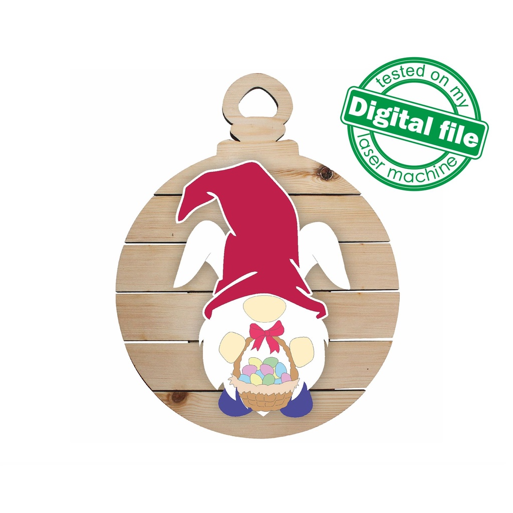 DXF, SVG files for laser Interchangeable Round Wood Sign Easter gnome with bunny ears, Cutout, Shape, Paint by Line, door hanger template