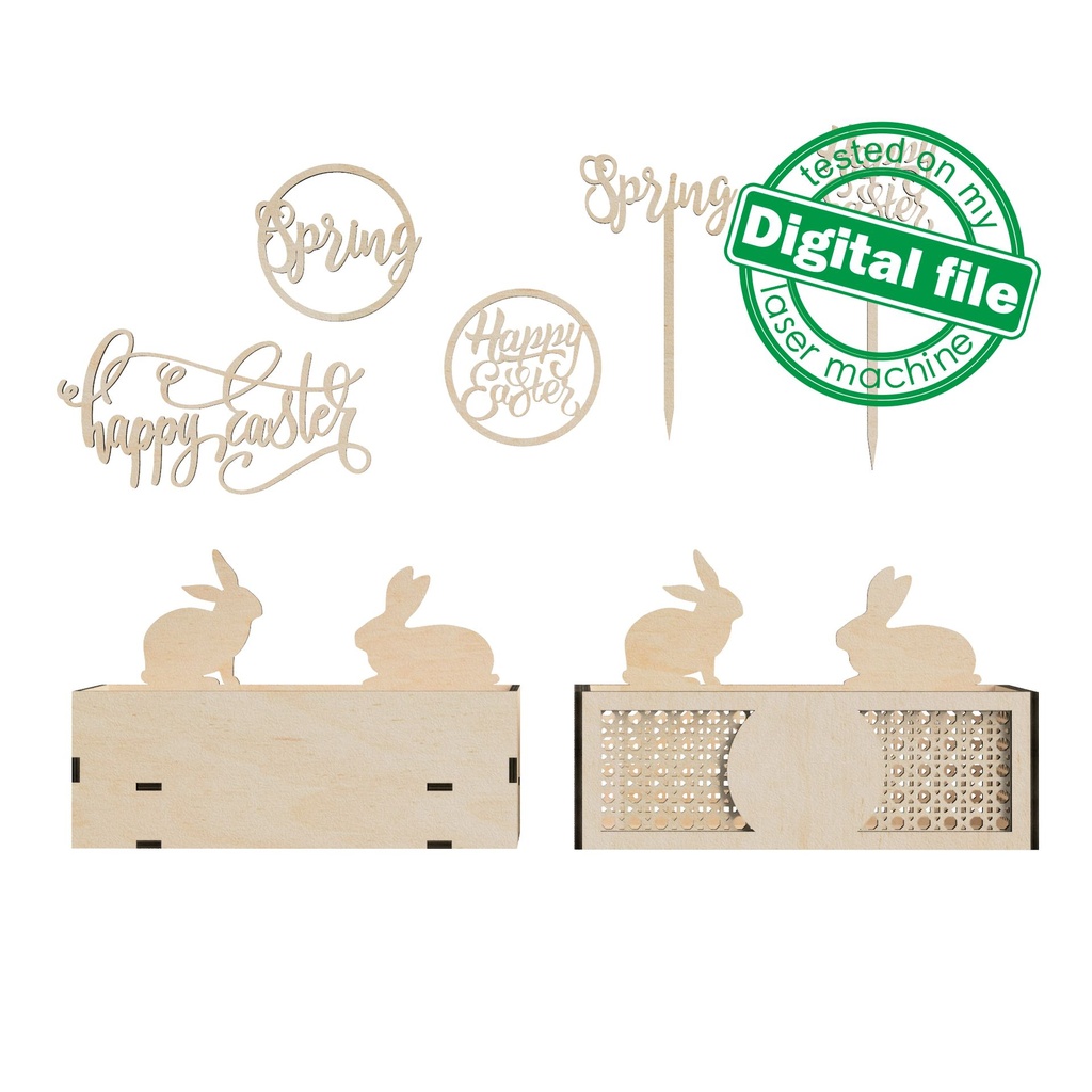 DXF, SVG files for laser Easter box egg stand Bunny, rattan pattern, 2 different designs, for fruit, treats, bread, interchangeable panel