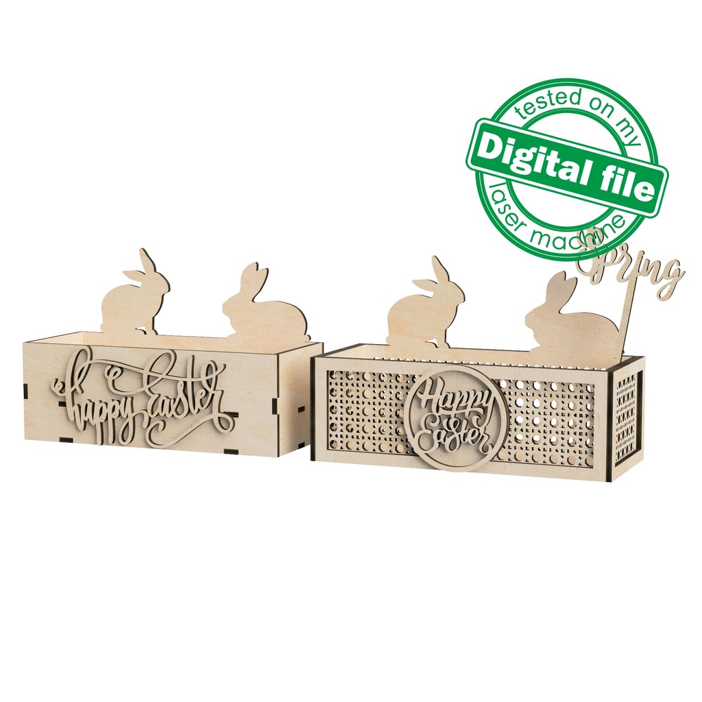 DXF, SVG files for laser Easter box egg stand Bunny, rattan pattern, 2 different designs, for fruit, treats, bread, interchangeable panel