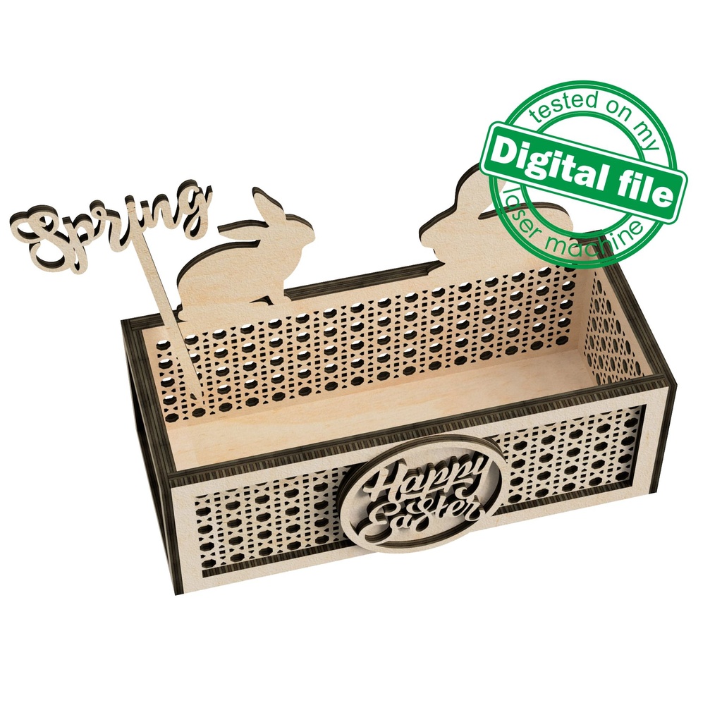 DXF, SVG files for laser Easter box egg stand Bunny, rattan pattern, 2 different designs, for fruit, treats, bread, interchangeable panel