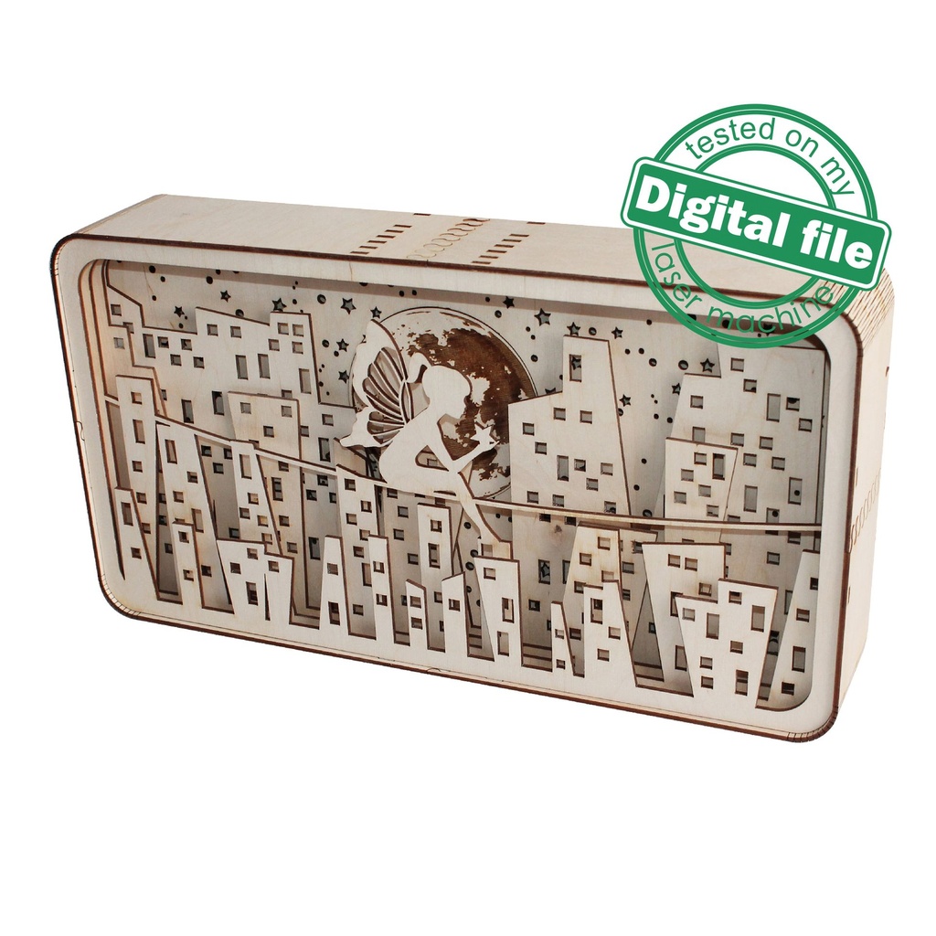 DXF, SVG files for laser Shadow Box Night city skyline, fairy girl on ...
