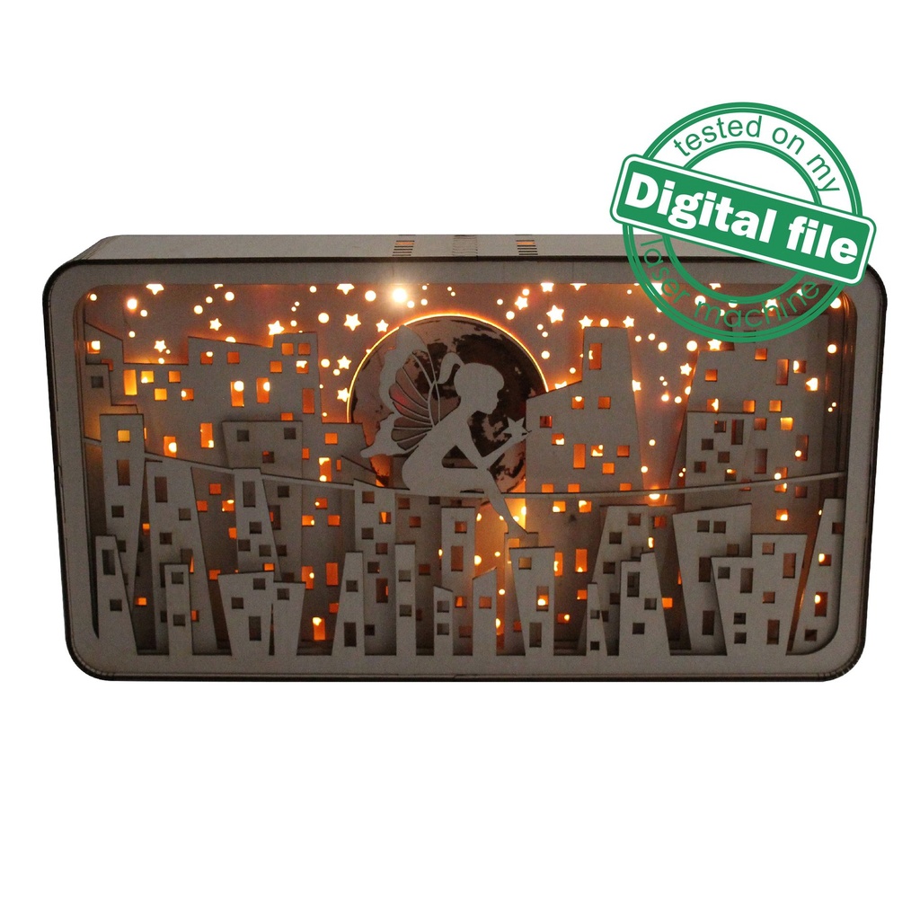 DXF, SVG files for laser Shadow Box Night city skyline, fairy girl on ...