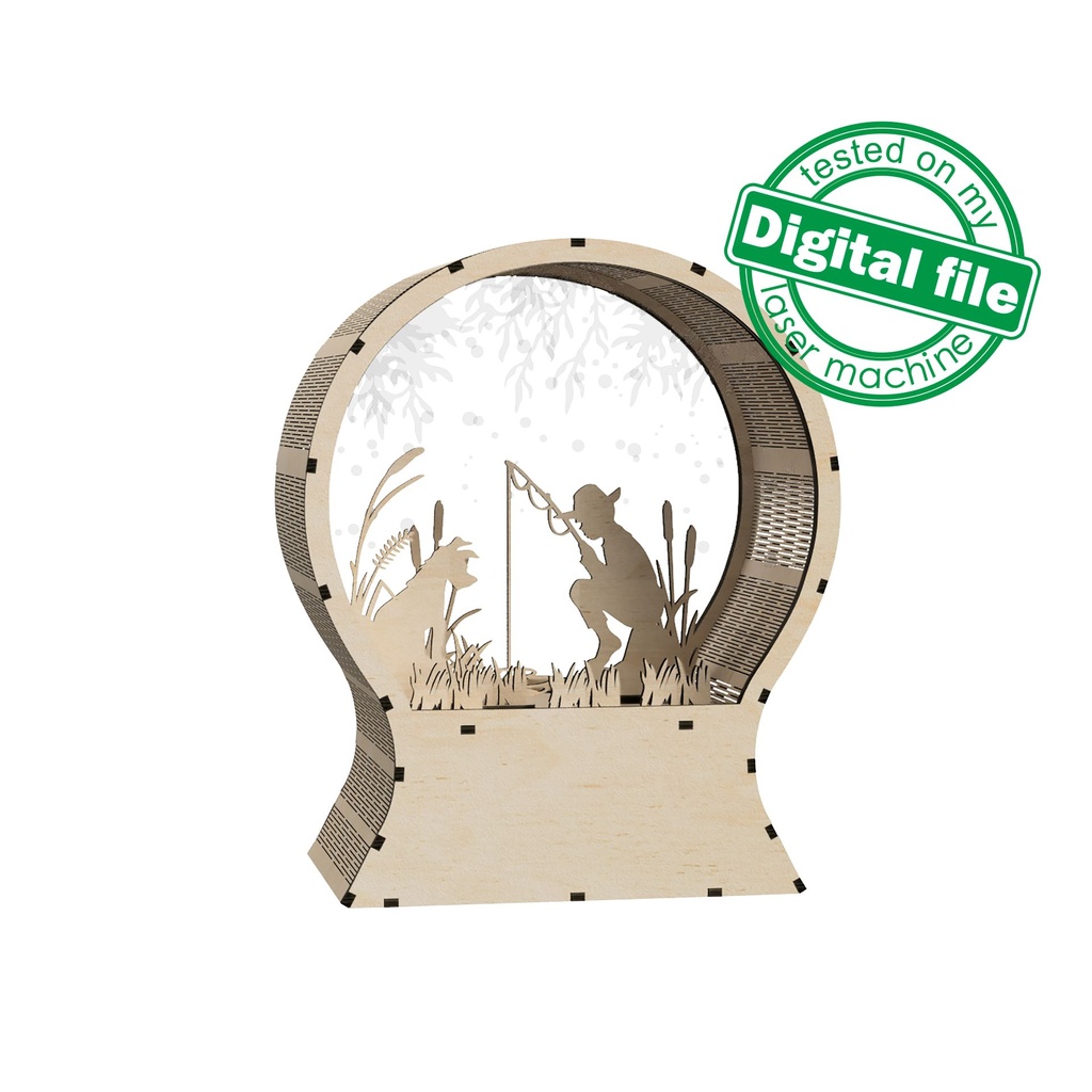 Template DXF,SVG files for laser Light Up Snow Globe, Father's day gift, boy fishing, dog, reeds, fisherman, nursery decor