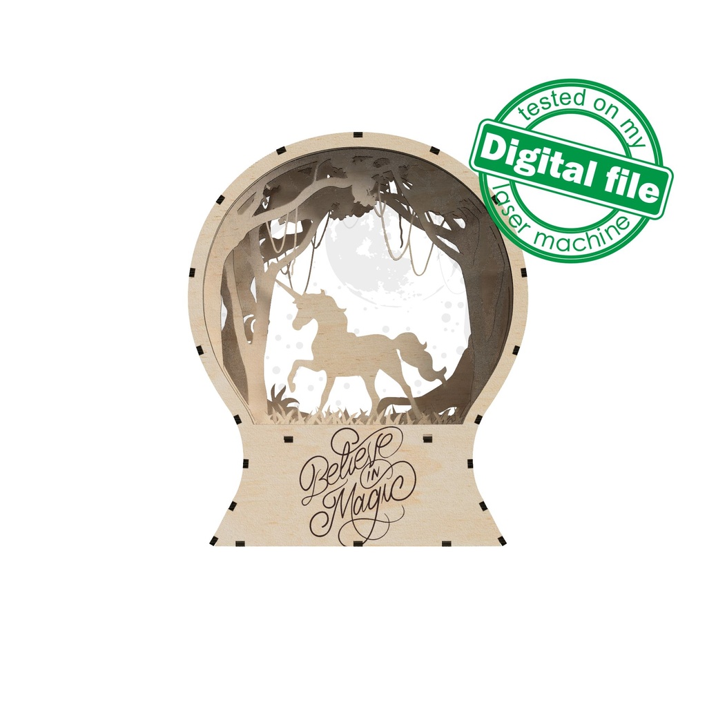 DXF, SVG files for laser Light Up Snow Globe, Believe in magic, unicorn, enchanted forest, starry sky, glowing moon, nursery decor