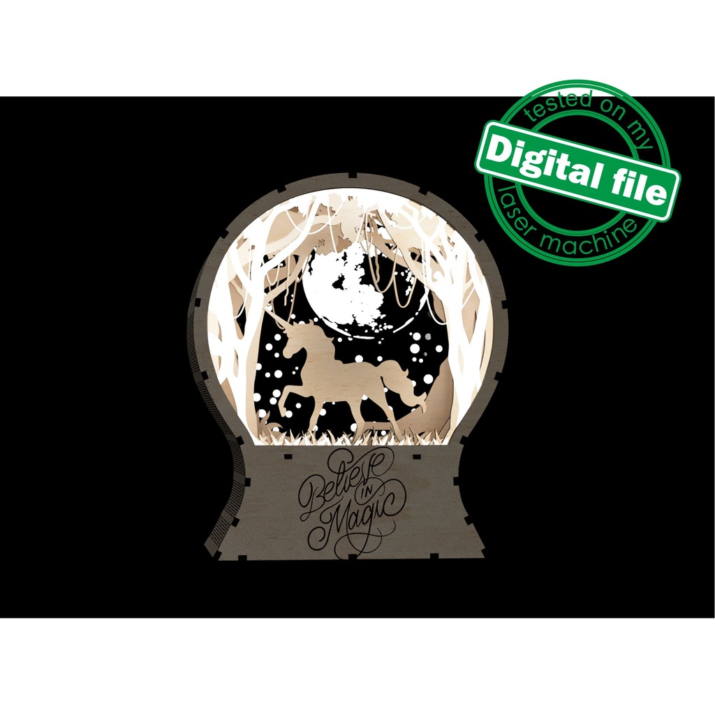 DXF, SVG files for laser Light Up Snow Globe, Believe in magic, unicorn, enchanted forest, starry sky, glowing moon, nursery decor