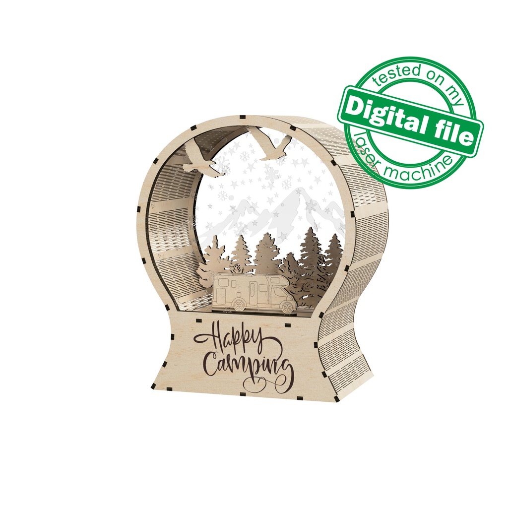 DXF, SVG files for laser Light Up Snow Globe Happy Camping, forest, trailer, Engraved acrylic glass, snow-capped mountains, Christmas decor