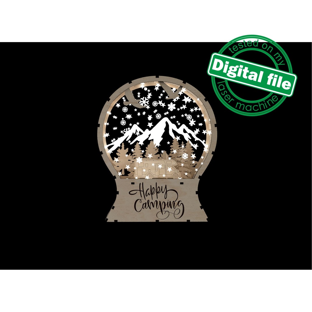 DXF, SVG files for laser Light Up Snow Globe Happy Camping, forest, trailer, Engraved acrylic glass, snow-capped mountains, Christmas decor