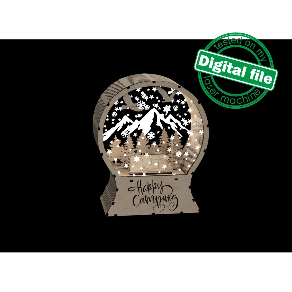 DXF, SVG files for laser Light Up Snow Globe Happy Camping, forest, trailer, Engraved acrylic glass, snow-capped mountains, Christmas decor