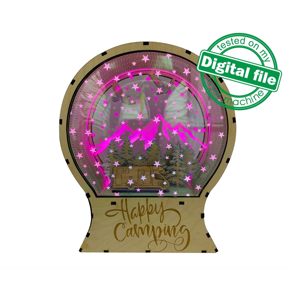 DXF, SVG files for laser Light Up Snow Globe Happy Camping, forest, trailer, Engraved acrylic glass, snow-capped mountains, Christmas decor