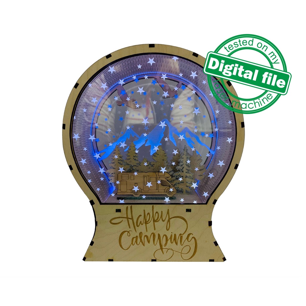 DXF, SVG files for laser Light Up Snow Globe Happy Camping, forest, trailer, Engraved acrylic glass, snow-capped mountains, Christmas decor