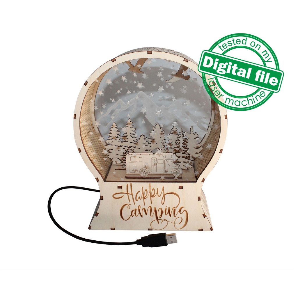 DXF, SVG files for laser Light Up Snow Globe Happy Camping, forest, trailer, Engraved acrylic glass, snow-capped mountains, Christmas decor