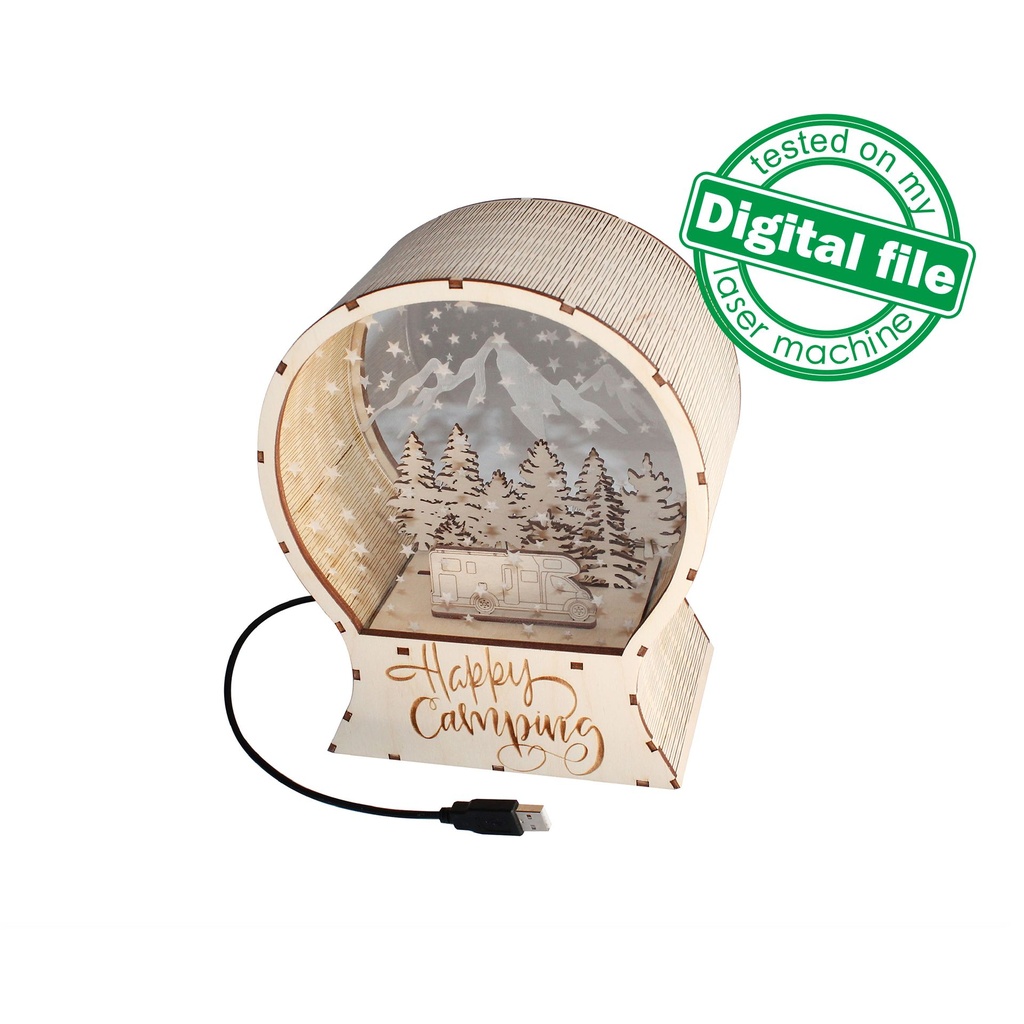 DXF, SVG files for laser Light Up Snow Globe Happy Camping, forest, trailer, Engraved acrylic glass, snow-capped mountains, Christmas decor