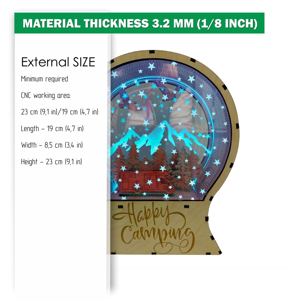 DXF, SVG files for laser Light Up Snow Globe Happy Camping, forest, trailer, Engraved acrylic glass, snow-capped mountains, Christmas decor