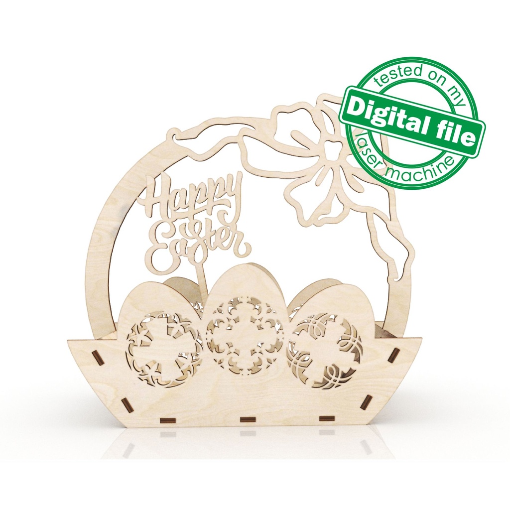 DXF, SVG files for laser Easter basket with carved eggs and bow, Vector project, Glowforge, Material thickness 1/8 inch (3.2 mm)