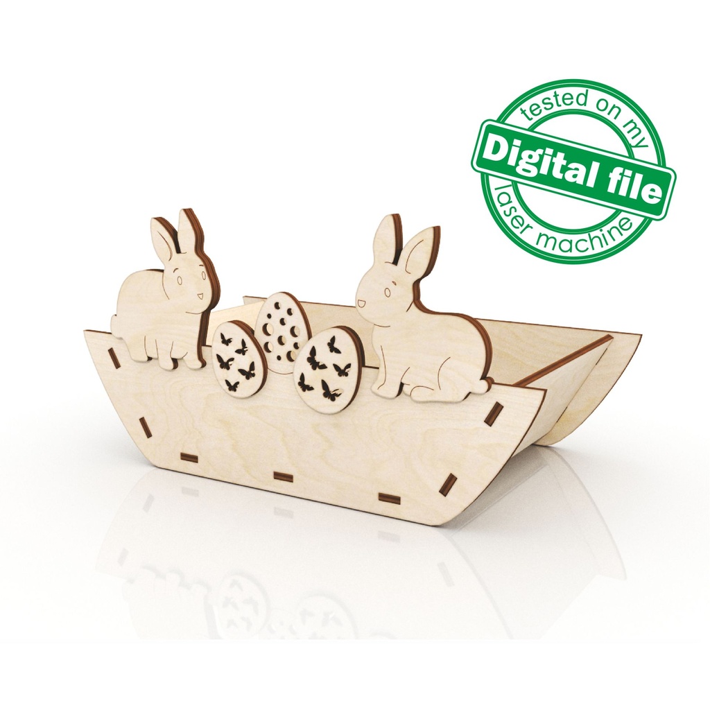 DXF, SVG files for laser Easter basket with eggs and Two hares, Funny Bunny, Vector project, Glowforge, Material thickness 1/8 inch (3.2 mm)