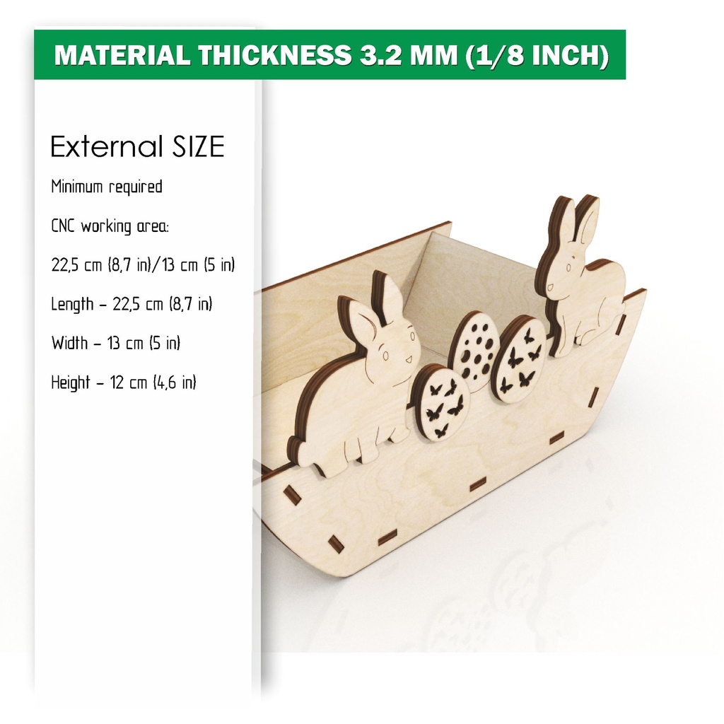 DXF, SVG files for laser Easter basket with eggs and Two hares, Funny Bunny, Vector project, Glowforge, Material thickness 1/8 inch (3.2 mm)