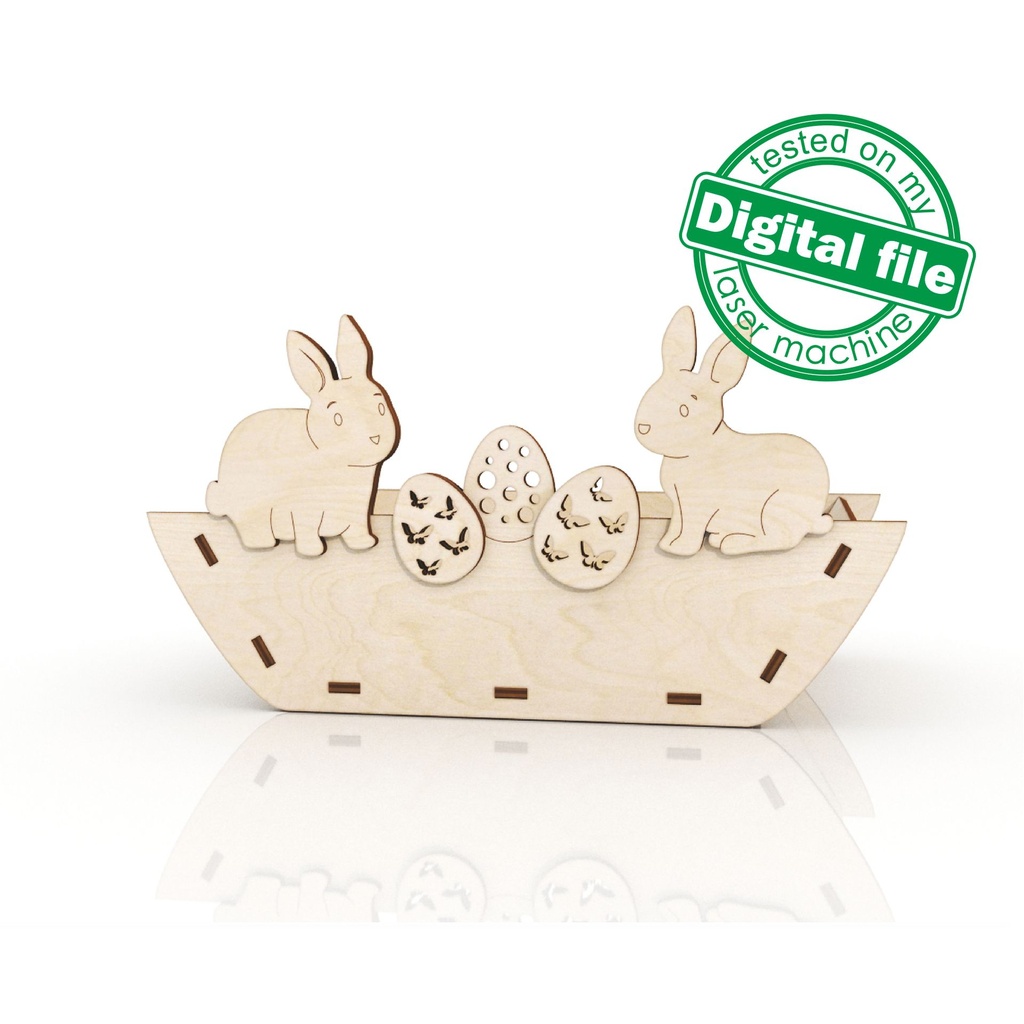 DXF, SVG files for laser Easter basket with eggs and Two hares, Funny Bunny, Vector project, Glowforge, Material thickness 1/8 inch (3.2 mm)