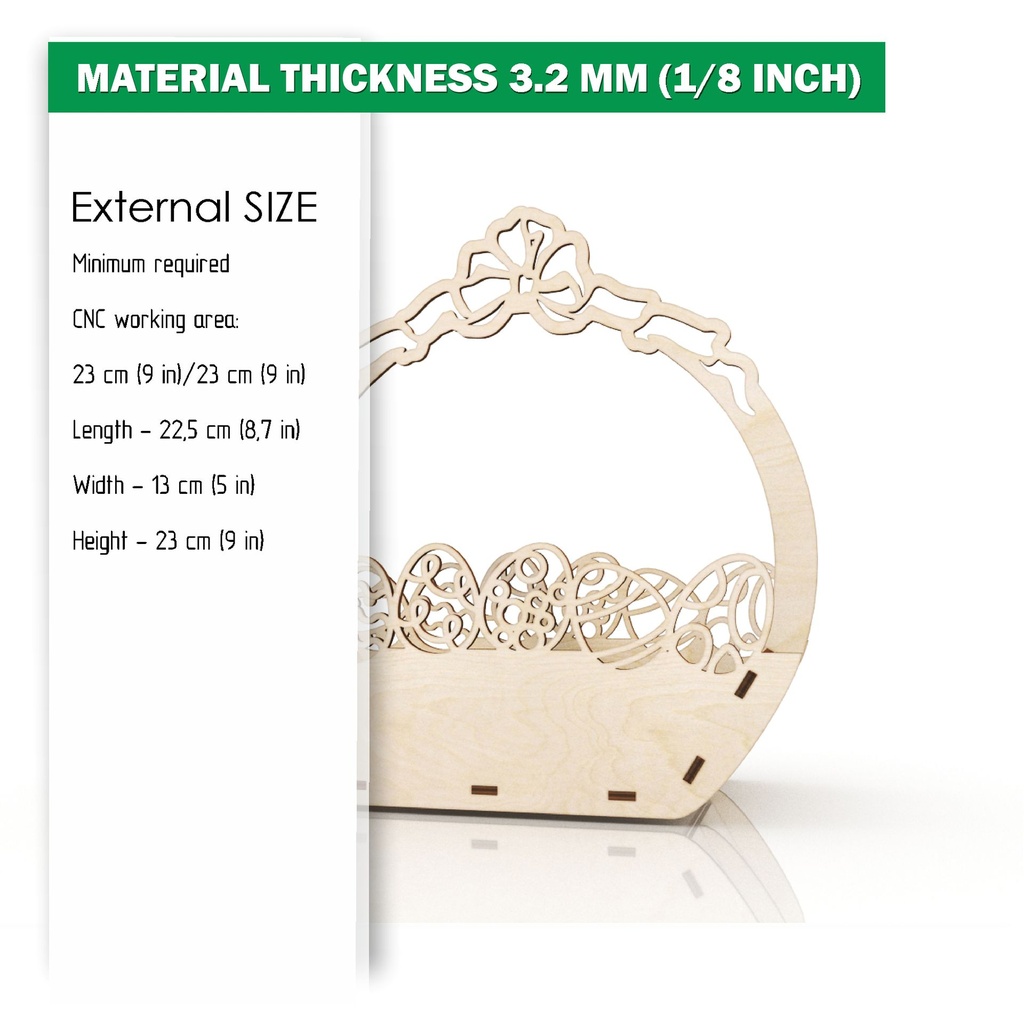 DXF, SVG files for laser Easter basket with carved eggs and bow, Vector project, Glowforge, Material thickness 1/8 inch (3.2 mm)