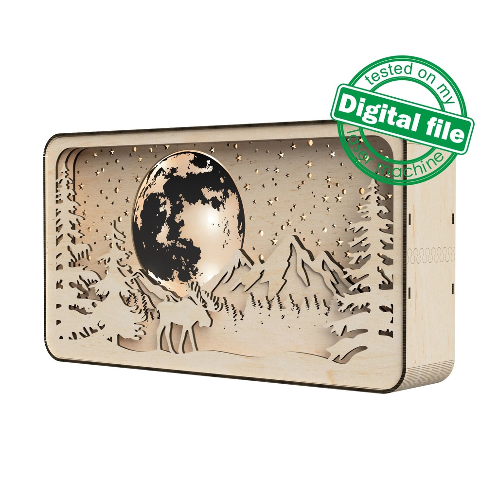 DXF, SVG files for laser Shadow Box Moose in Forest, Mountains, Glowing Moon, Vector project, Glowforge, Material thickness 1/8'' (3.2 mm)