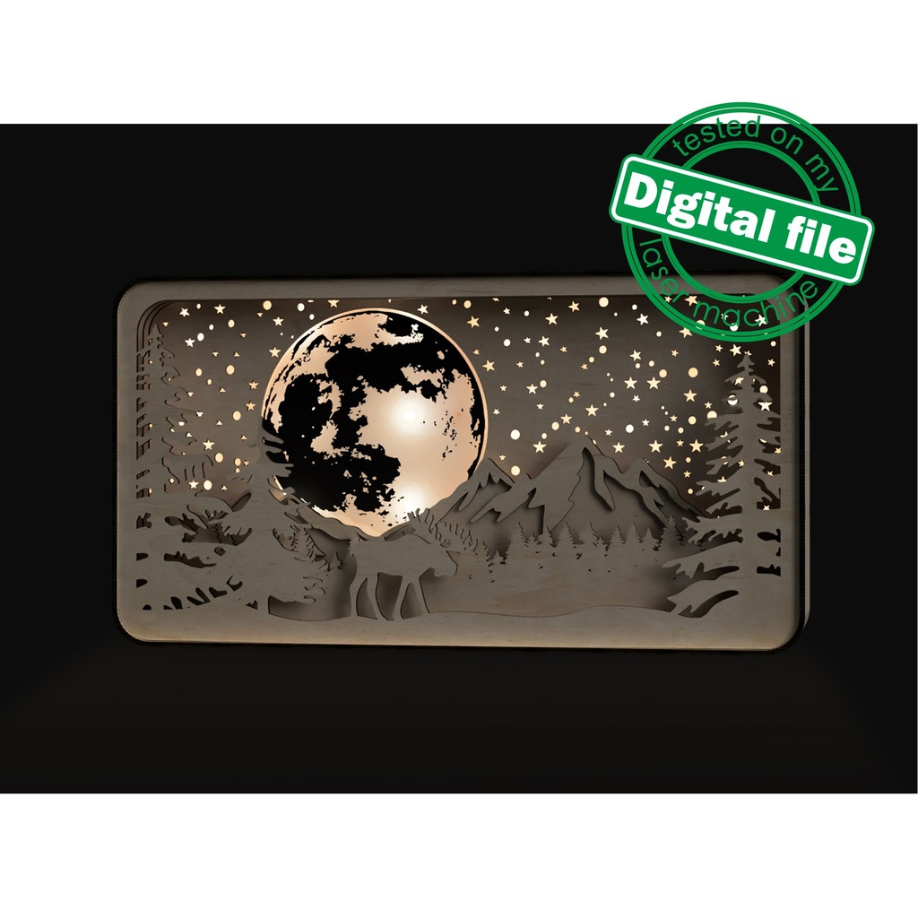 DXF, SVG files for laser Shadow Box Moose in Forest, Mountains, Glowing Moon, Vector project, Glowforge, Material thickness 1/8'' (3.2 mm)