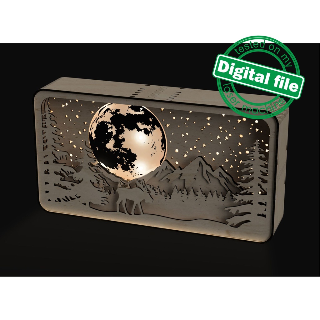 DXF, SVG files for laser Shadow Box Moose in Forest, Mountains, Glowing Moon, Vector project, Glowforge, Material thickness 1/8'' (3.2 mm)