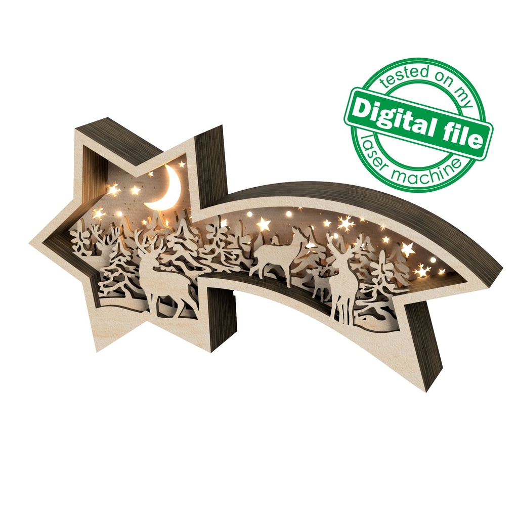 DXF, SVG files for laser Family deer in the forest, Layered wooden light box, Shadow box, Star of Bethlehem, Christmas, Winter decoration