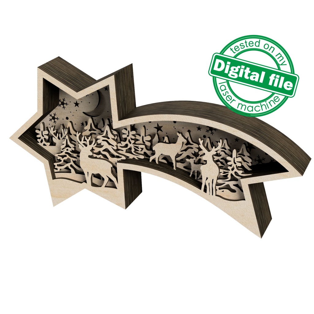 DXF, SVG files for laser Family deer in the forest, Layered wooden light box, Shadow box, Star of Bethlehem, Christmas, Winter decoration