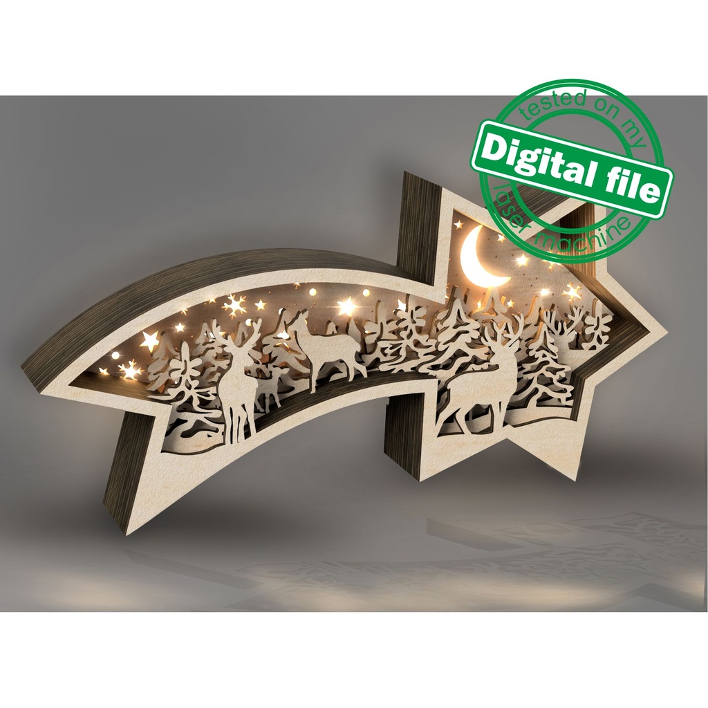 DXF, SVG files for laser Family deer in the forest, Layered wooden light box, Shadow box, Star of Bethlehem, Christmas, Winter decoration