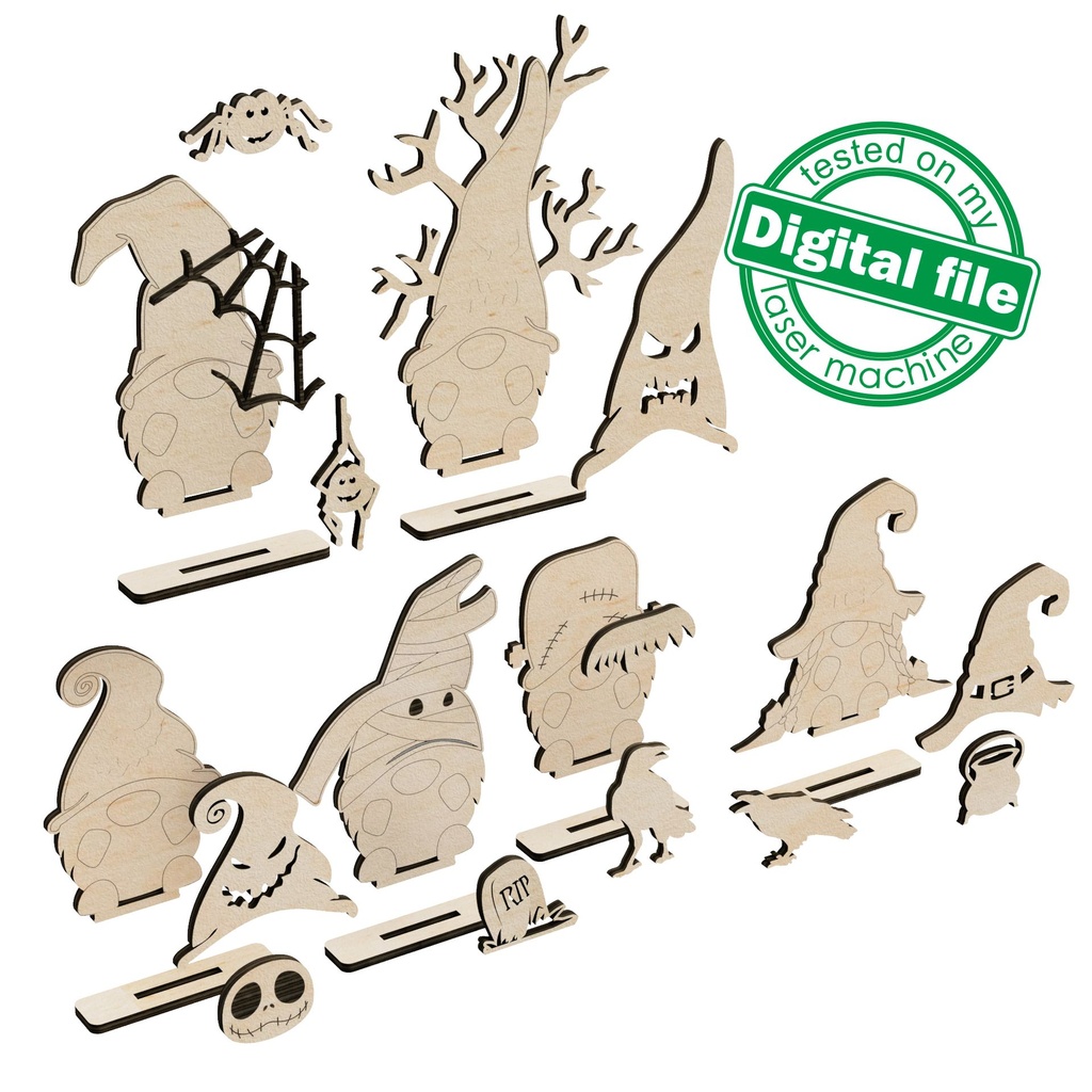 SVG, DXF Laser cut files, 6 Halloween gnomes, DIY Gift, Kids activity, Paint by Line, Individual Arm Add-Ons, Material 1/8 inch (3.2 mm)