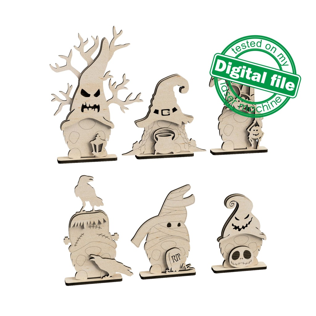 SVG, DXF Laser cut files, 6 Halloween gnomes, DIY Gift, Kids activity, Paint by Line, Individual Arm Add-Ons, Material 1/8 inch (3.2 mm)