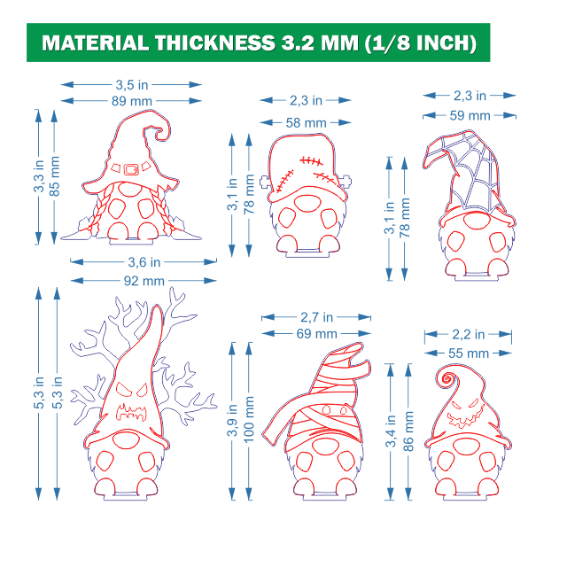 SVG, DXF Laser cut files, 6 Halloween gnomes, DIY Gift, Kids activity, Paint by Line, Individual Arm Add-Ons, Material 1/8 inch (3.2 mm)