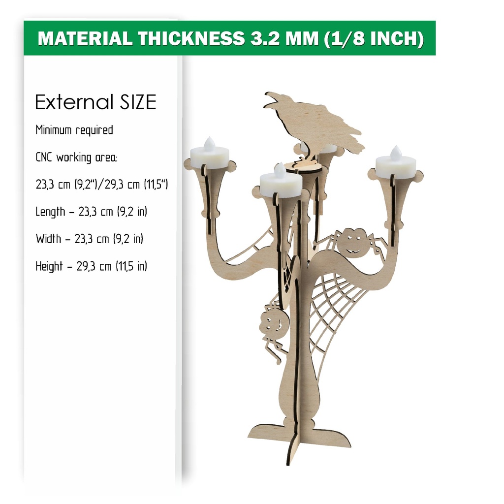 DXF, SVG files for laser Tea light Сandle holder, Halloween centerpieces table decor, 5 Tea Light Candelabra Halloween Decor Cobwebs and Spiders Crows Table Center Decoration LED Light Holder, Material 1/8'' (3.2 mm)