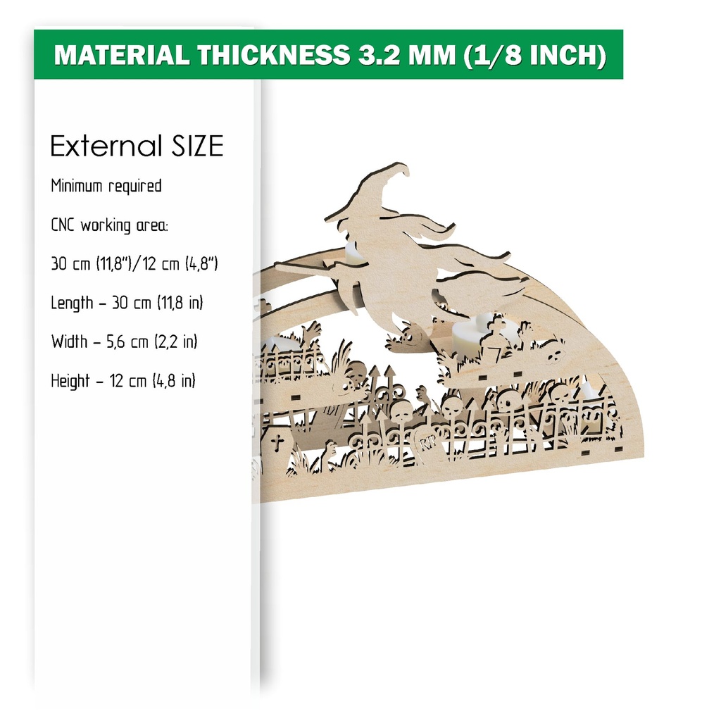 DXF, SVG files for laser arched candle holder Halloween, table center decoration,witch on broomstick,graveyard,headstone,skulls,zombie hands