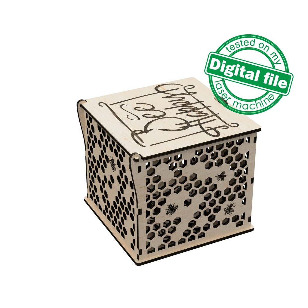 DXF, SVG files for laser Honey gift box Bee Happy, Gift box, souvenir, honey jar, bee honeycomb, engraving, Glowforge, Material 1/8'' (3 mm)