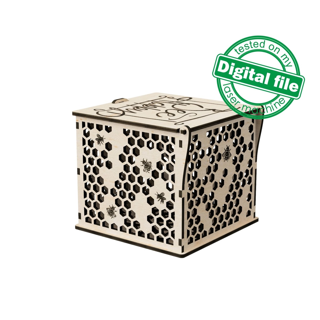 DXF, SVG files for laser Honey gift box Bee Happy, Gift box, souvenir, honey jar, bee honeycomb, engraving, Glowforge, Material 1/8'' (3 mm)