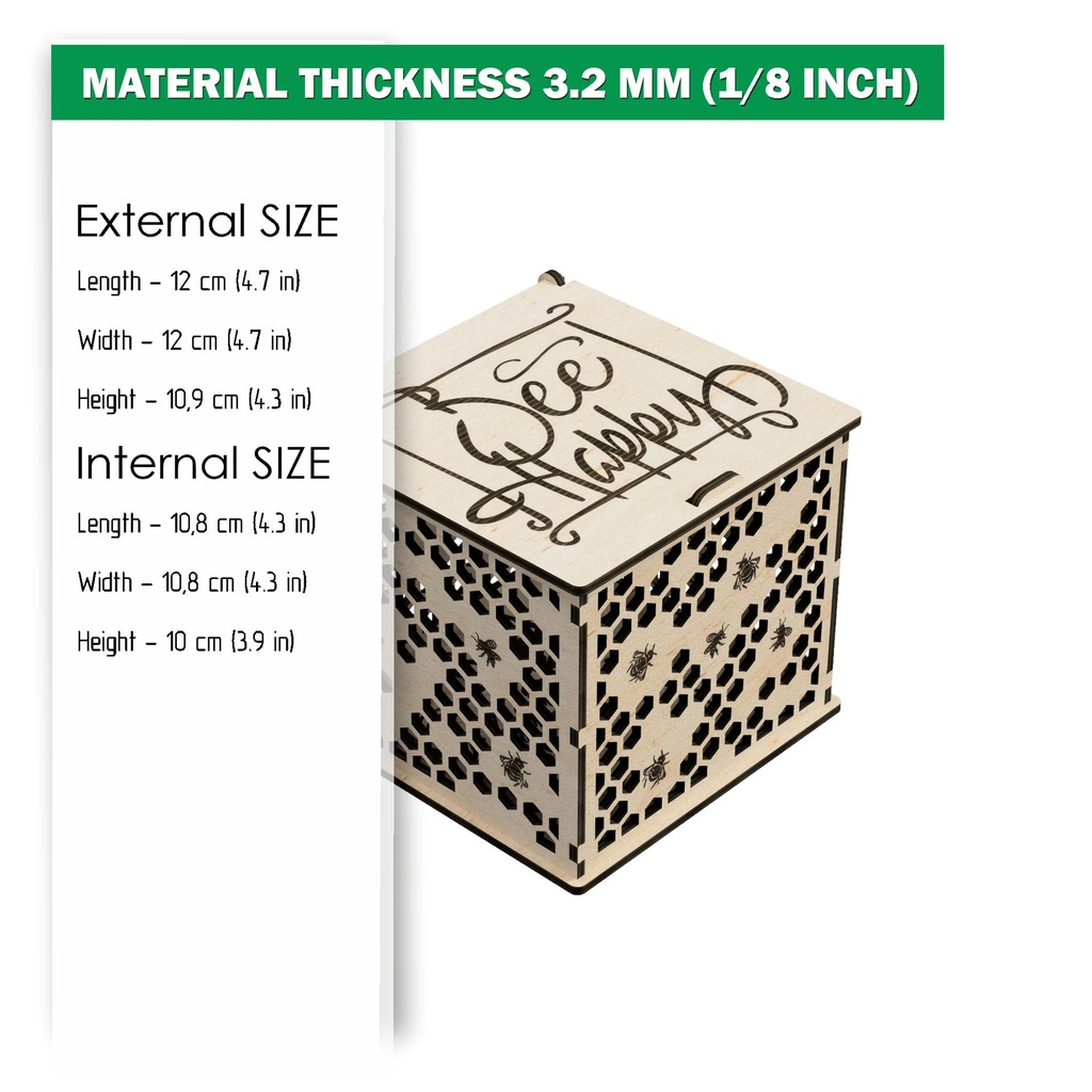 DXF, SVG files for laser Honey gift box Bee Happy, Gift box, souvenir, honey jar, bee honeycomb, engraving, Glowforge, Material 1/8'' (3 mm)