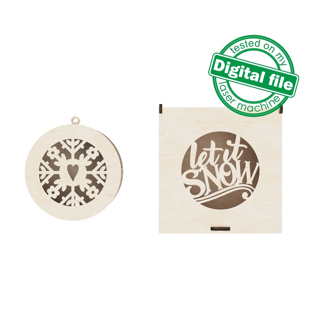 DXF, SVG Files for Laser Gift Box and Glow Christmas Ornament, Snowflake with Heart, Let is Snow Gift Box, 3-3,2 mm (1/8 inch) Material