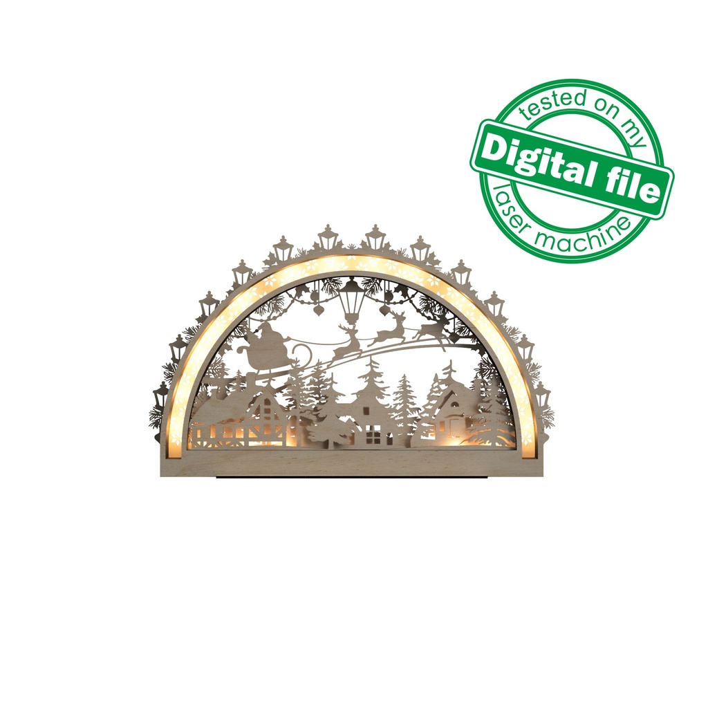 DXF, SVG file for laser Electrically Illuminated Light Arch, Schwibbogen, Centerpiece, Multilayered Ornament, Winter Forest, flying reindeer