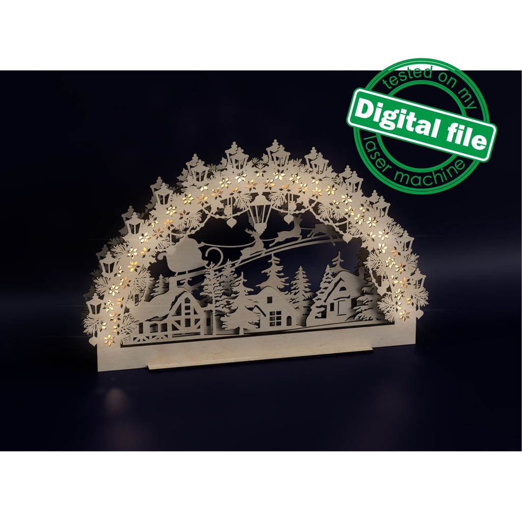 DXF, SVG file for laser Electrically Illuminated Light Arch, Schwibbogen, Centerpiece, Multilayered Ornament, Winter Forest, flying reindeer
