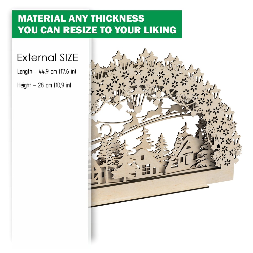 DXF, SVG file for laser Electrically Illuminated Light Arch, Schwibbogen, Centerpiece, Multilayered Ornament, Winter Forest, flying reindeer