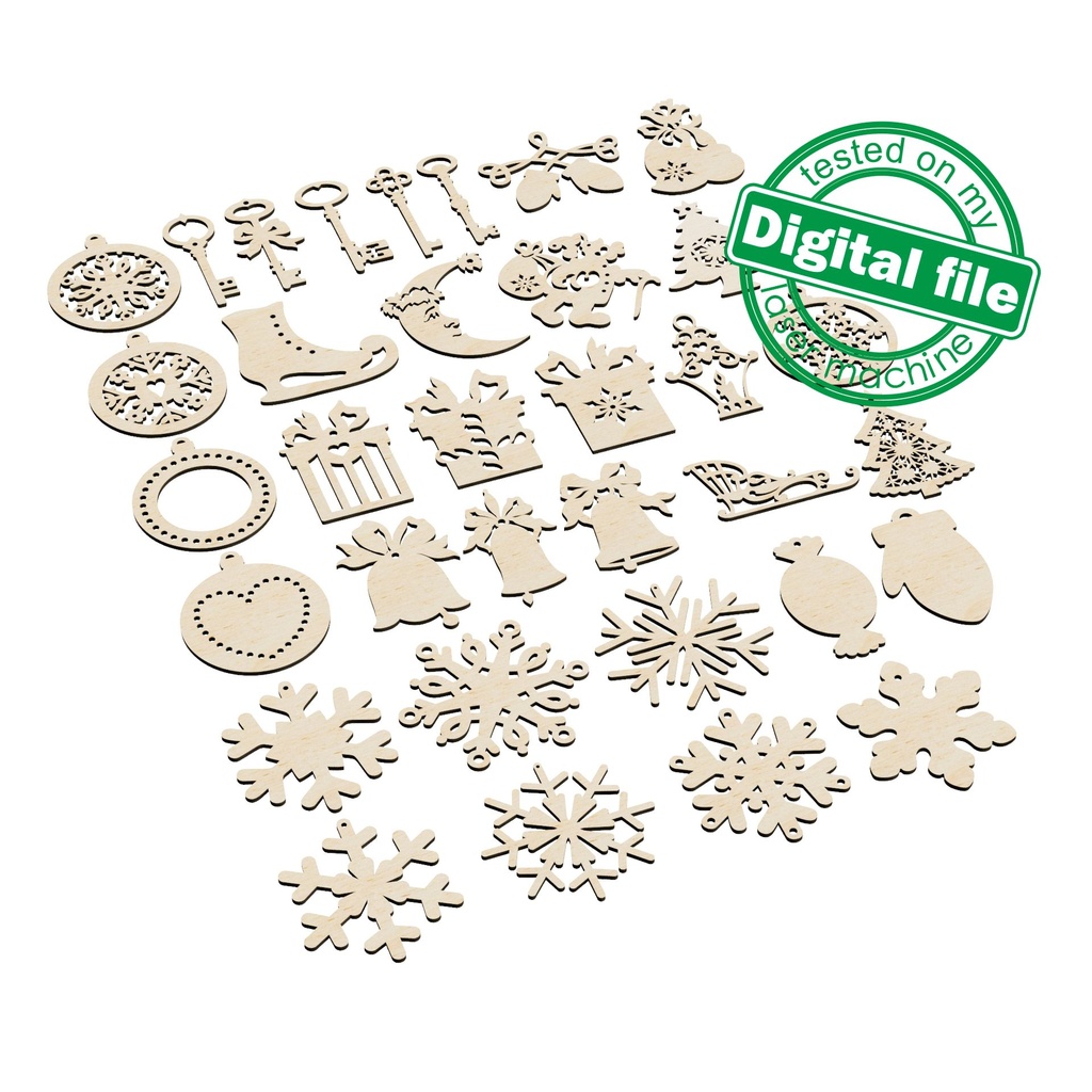 DXF, SVG files for laser Big set in the gift, 34 christmas tree ornaments, souvenir, commercial license, Glowforge, Material 1/8'' (3.2 mm)