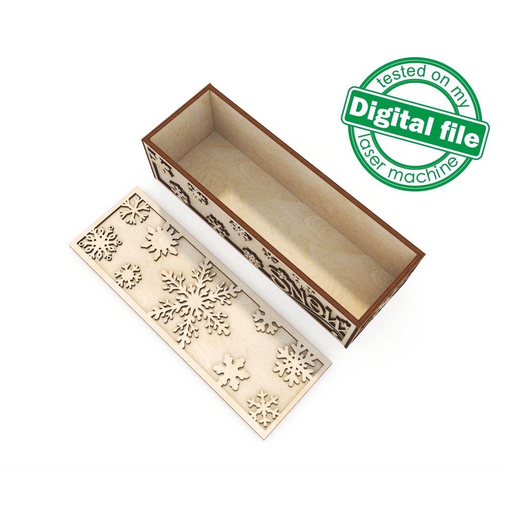 SVG, DXF, pdf Wooden carved wine box Snow with Snowflakes, Vector projects, Glowforge, Gift box, decor ideas, plywood or mdf 3.2 mm (1/8 in)